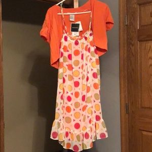 Madison Leigh patterned dress with orange sweater